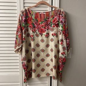 Johnny Was 100% Silk Cream & Red Short Sleeve Tunic